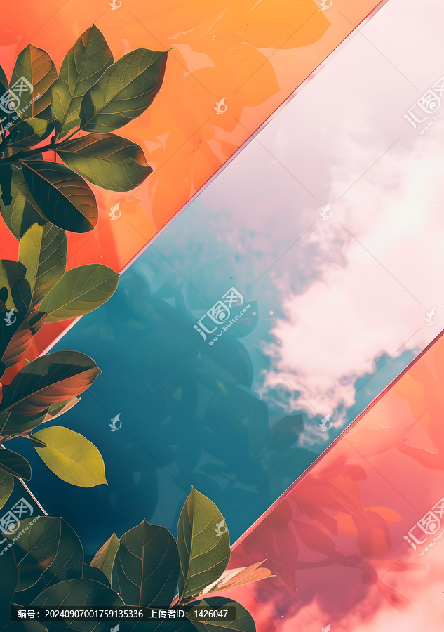 橙色粉色背景上綠葉和藍天的倒影