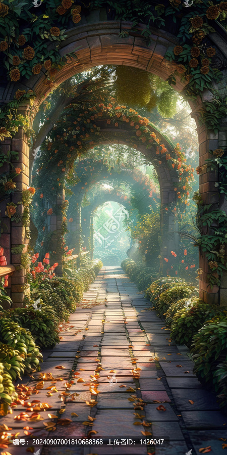 郁郁蔥蔥的花園中的石拱門
