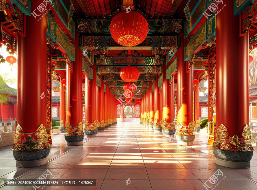 中國紅柱燈籠庭院