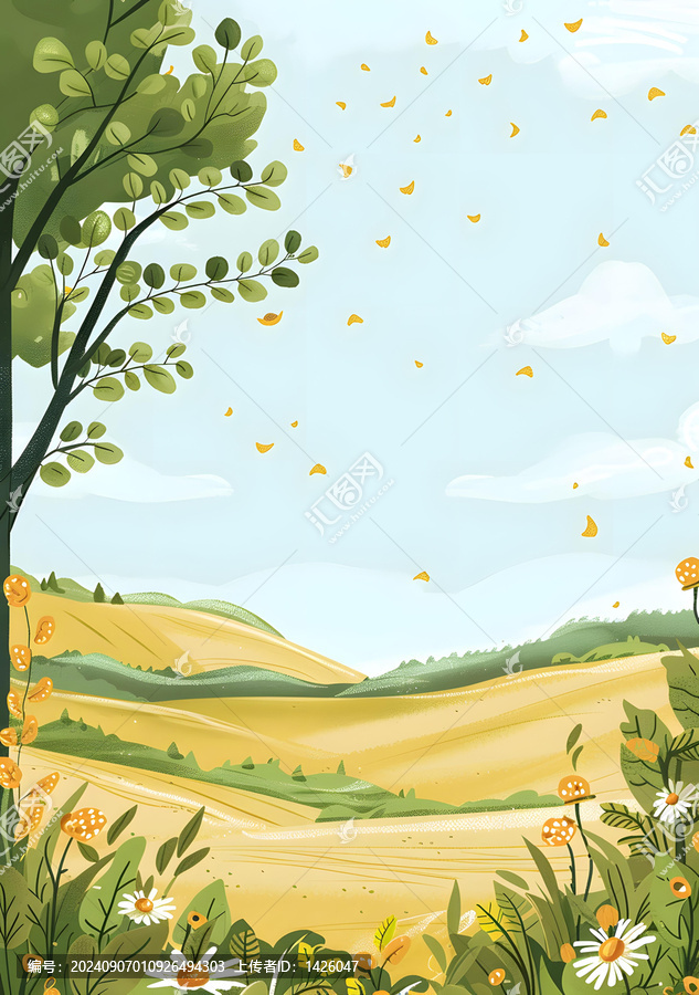 綠色樹木和黃色花朵的風(fēng)景