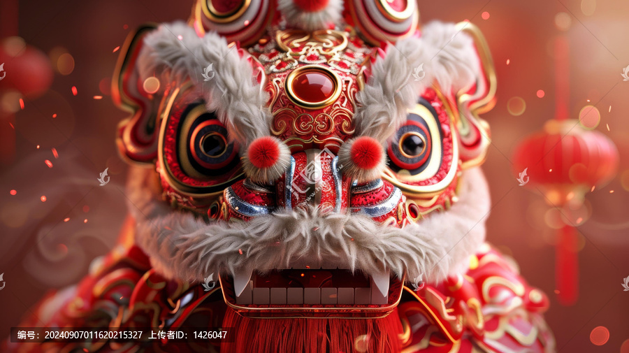 舞獅頭背景有紅色燈籠