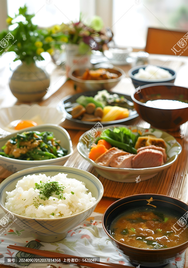 日式傳統(tǒng)美食：清蒸魚、蔬菜和味噌湯