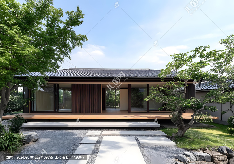 現(xiàn)代日式住宅外觀，木質(zhì)露臺和碎石花園