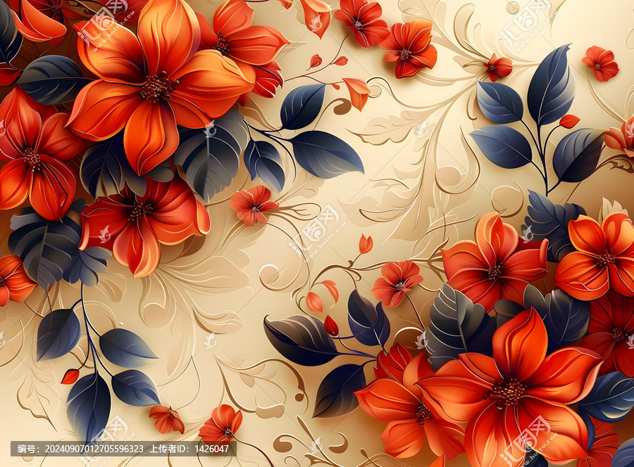紅色花朵和綠葉的插圖