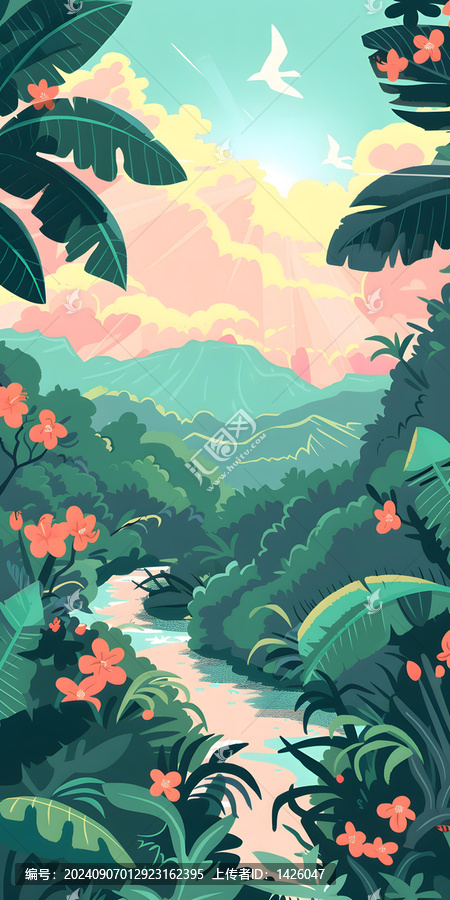 熱帶雨林風(fēng)景，溪流和山脈