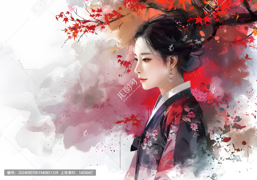 身穿傳統(tǒng)服飾的美麗韓國女子站在一片紅花地里。