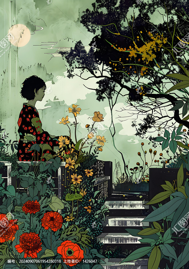 花園樓梯上穿著花裙子的女子