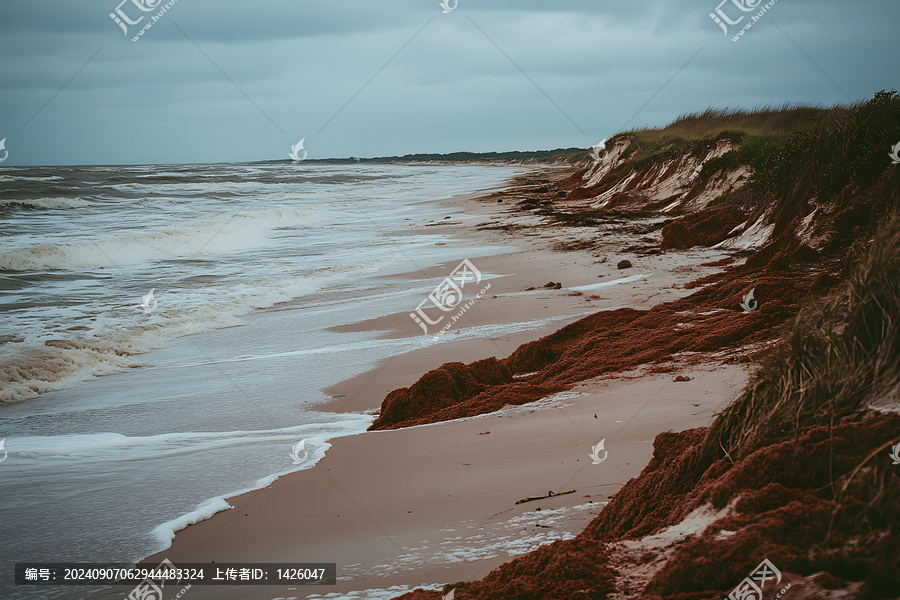 海邊沙灘風(fēng)景，浪花翻滾，紅色海藻