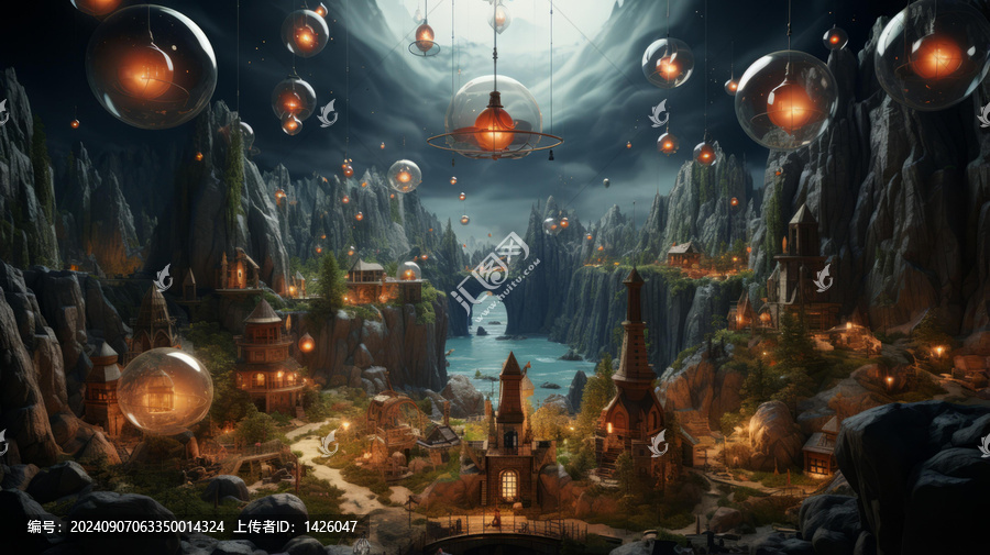 山谷中的奇幻村莊河上漂浮著發(fā)光的氣泡
