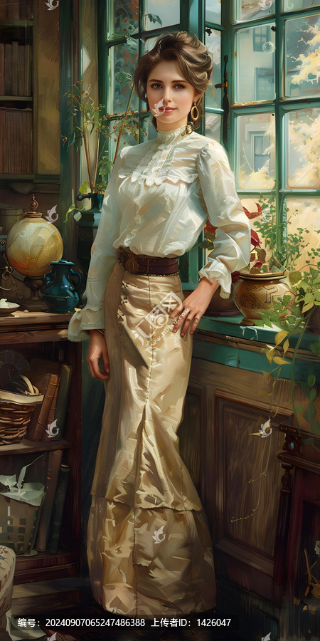 一位美麗的女士站在窗邊，身穿白色襯衫和棕色裙子