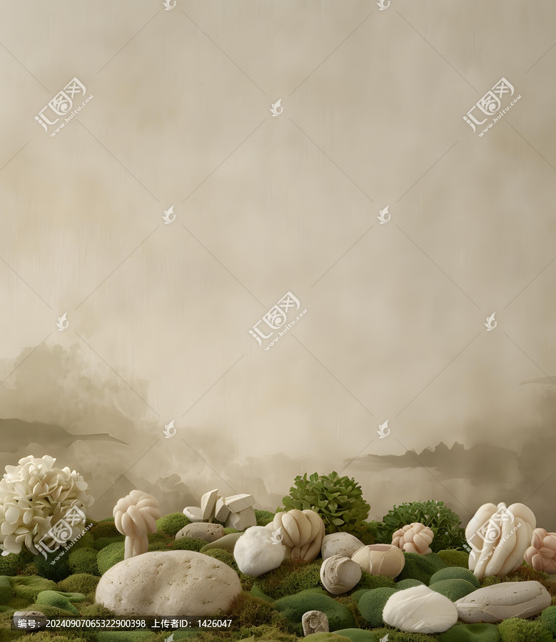 苔蘚石頭和有機(jī)形狀的抽象極簡靜物