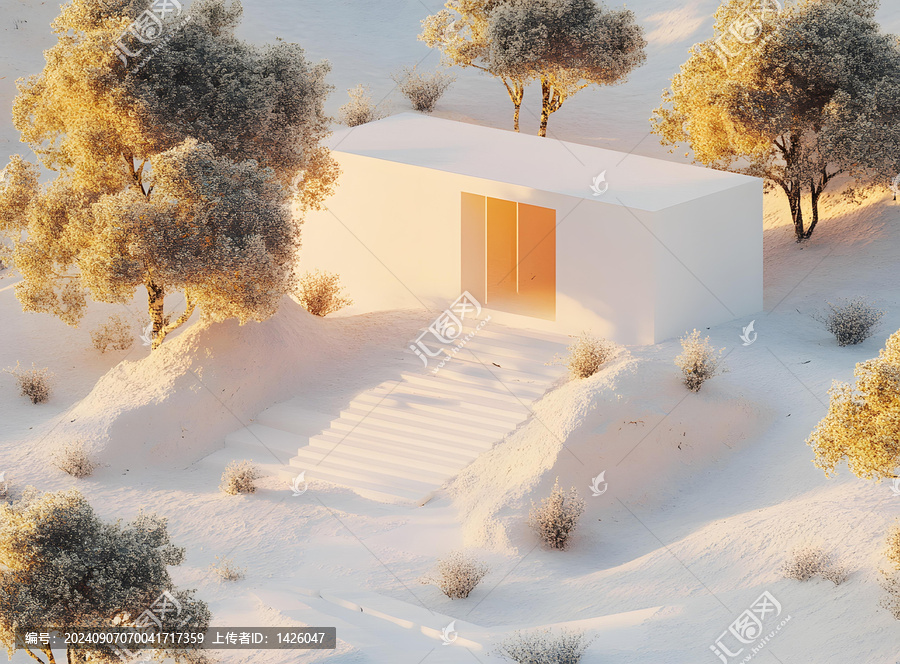 極簡主義白色房屋，樓梯和樹木，雪景