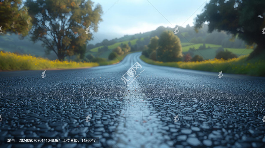 鄉(xiāng)村公路兩旁盛開著黃色小花中間有一條白線