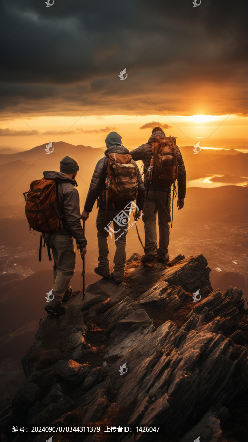 三個(gè)登山者在日落時(shí)分登上山頂