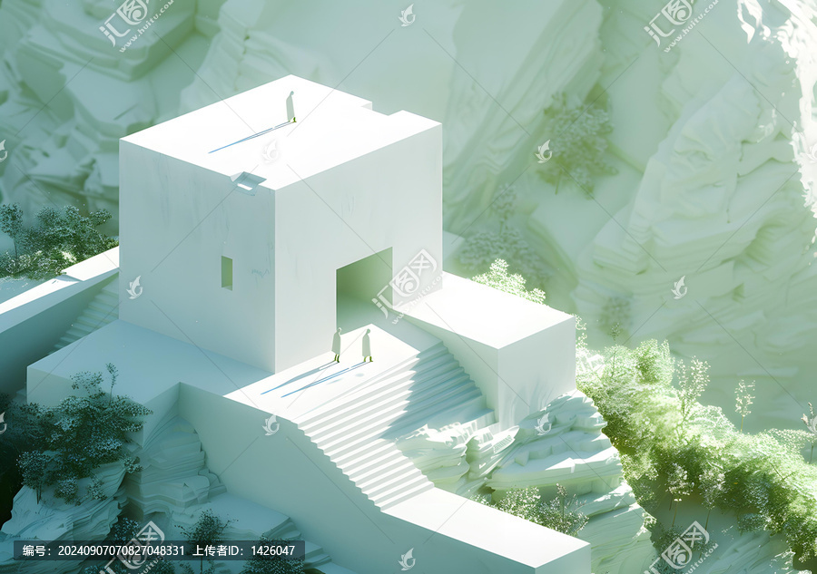 極簡主義白色建筑3D，帶樓梯，位于超現(xiàn)實景觀中