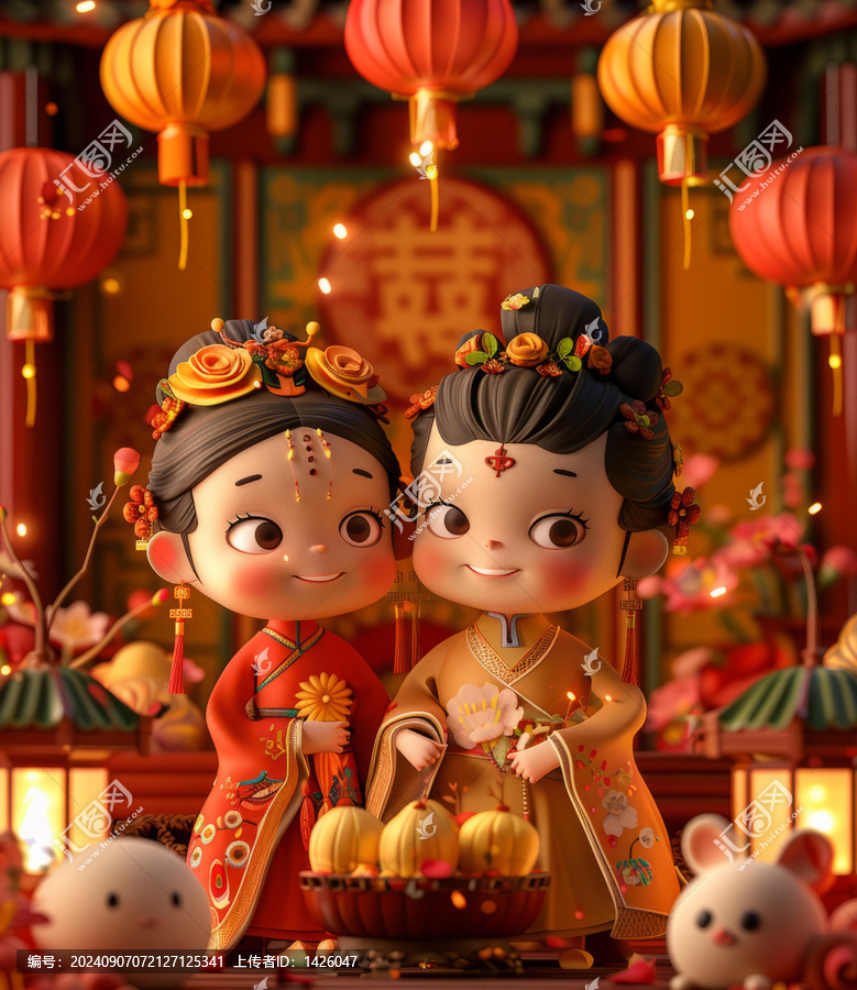一對(duì)身穿中國傳統(tǒng)婚禮服飾的夫婦