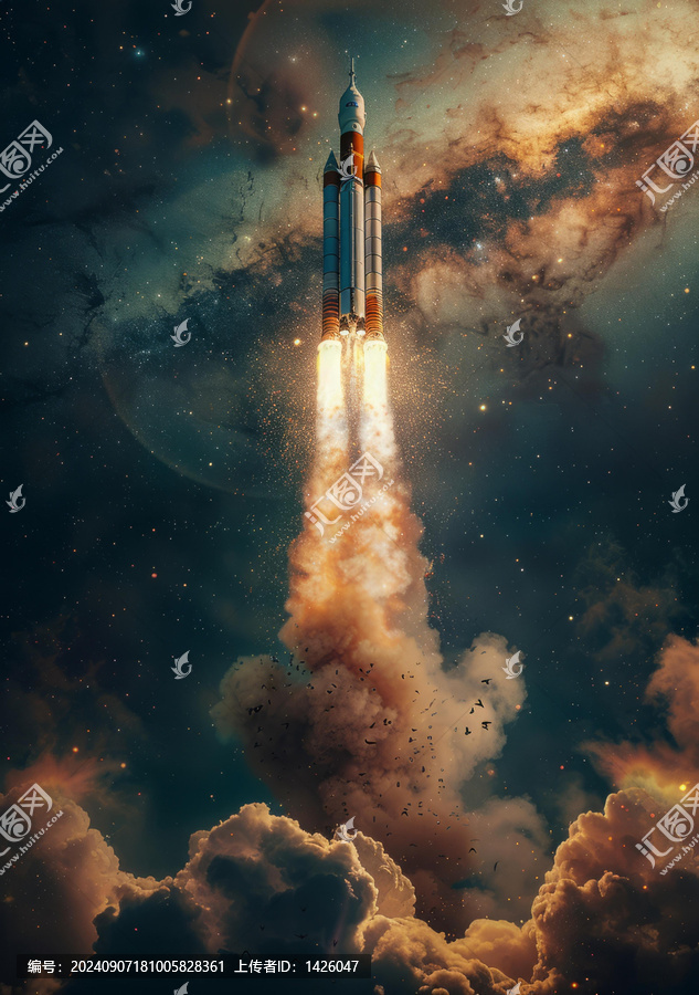 一枚火箭在太空中飛行背景是美麗的星空
