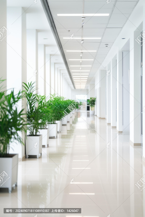 長(zhǎng)長(zhǎng)的白色走廊兩旁擺放著植物