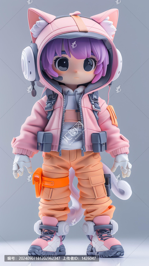 戴著貓耳的可愛二次元少女插圖