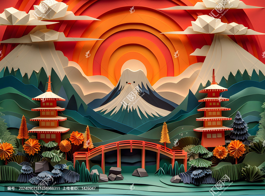 紙藝富士山日出風(fēng)景