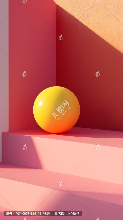 粉色階梯上的黃色球體極簡3D渲染