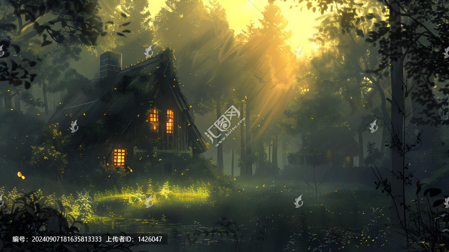 夕陽下的魔法森林小屋