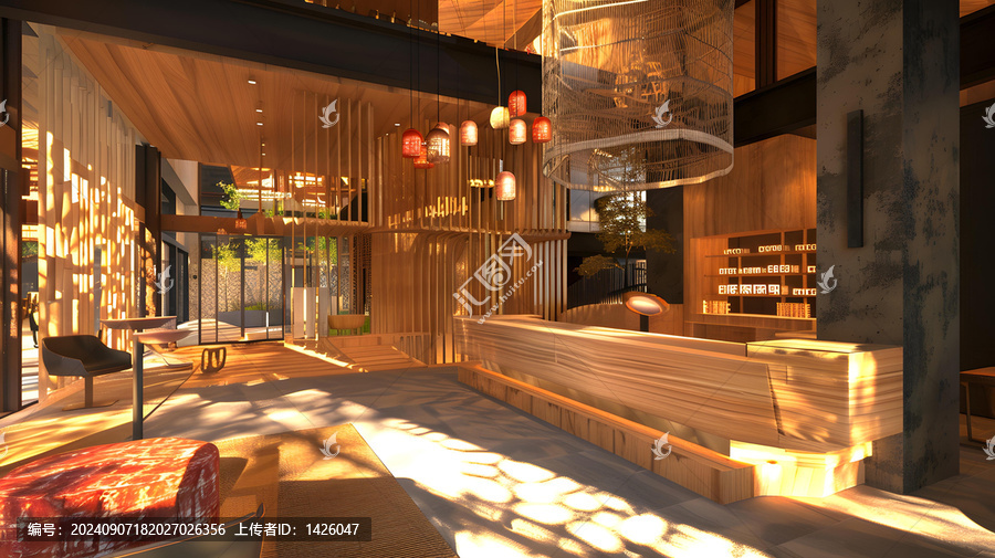 現(xiàn)代酒店大堂內(nèi)部設(shè)計，木質(zhì)元素