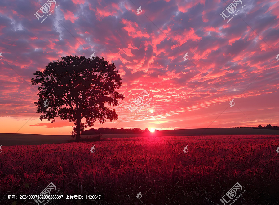 夕陽下麥田的剪影