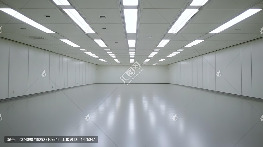 空曠的白色房間，帶有熒光燈