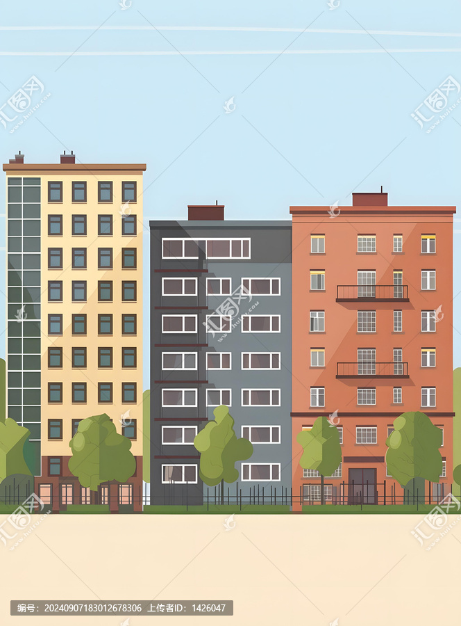 城市街景，三棟公寓樓和樹木