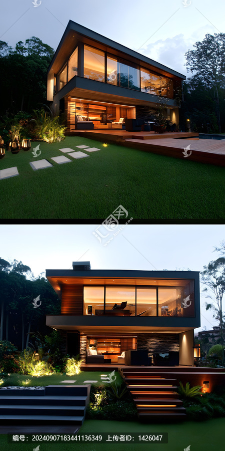現(xiàn)代建筑風(fēng)格的住宅，帶落地窗和戶外燈光