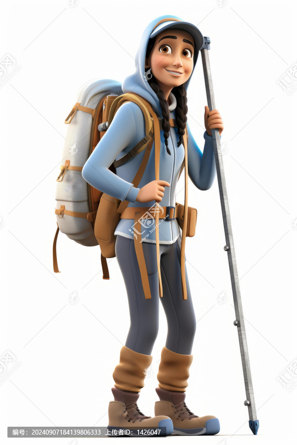 一個背著背包手持登山杖的年輕女人的插圖