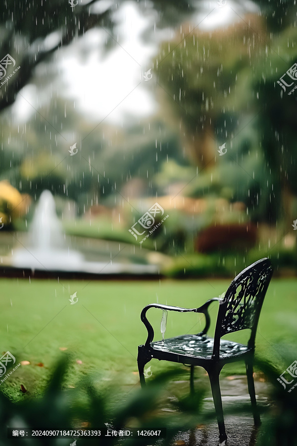 雨天花園里的孤獨座椅