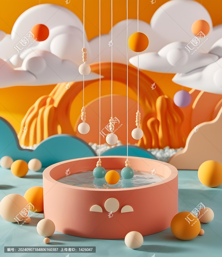 抽象彩色球體和懸掛珠子的3D