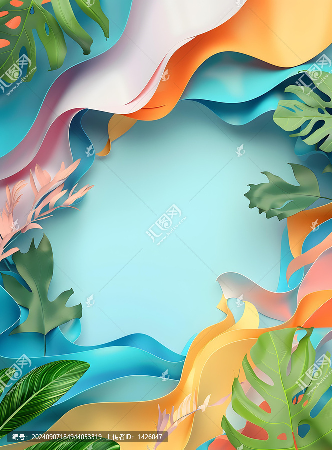 綠色葉子和彩色波浪紙的抽象夏季背景