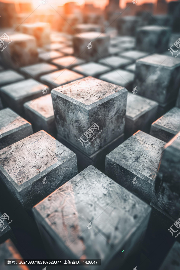 不同高度的灰色混凝土立方體在溫暖的陽(yáng)光下