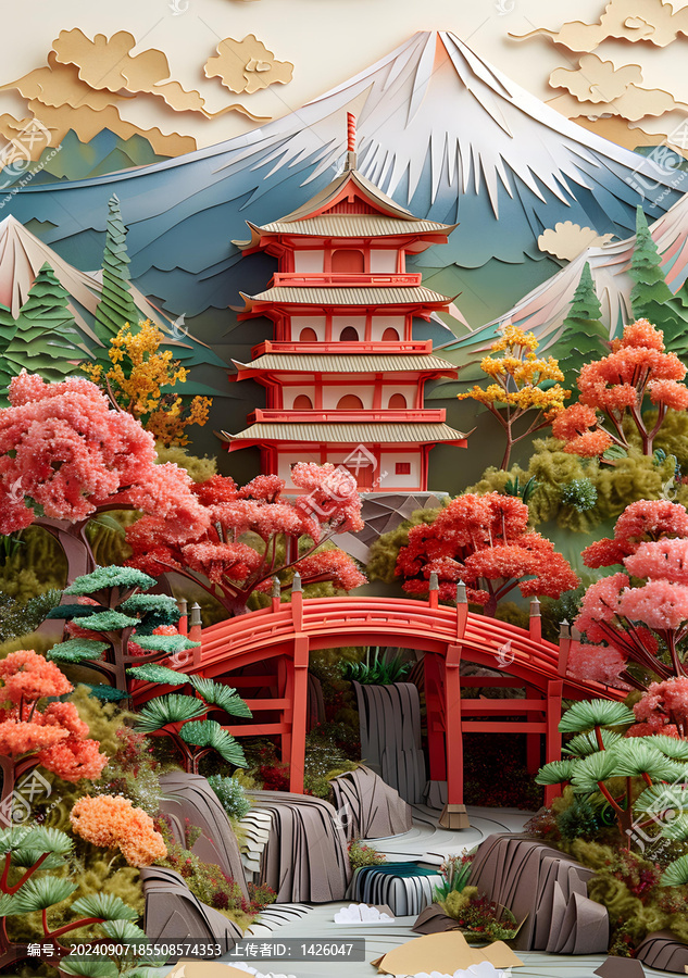 紙藝日本風(fēng)景與寶塔和橋梁