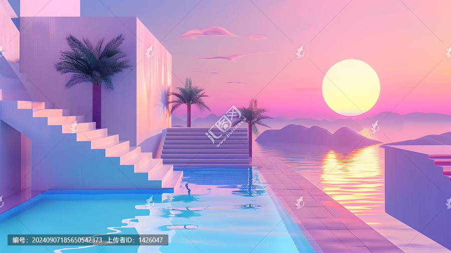 極簡主義風(fēng)格的日落泳池景觀