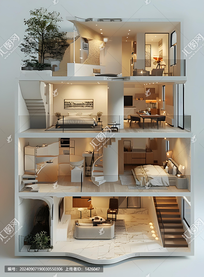 剖面圖展示的現(xiàn)代復(fù)式住宅