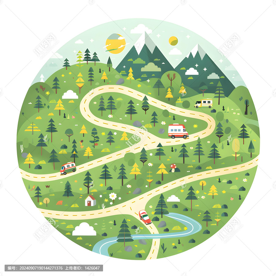 蜿蜒山路穿過(guò)綠色森林景觀