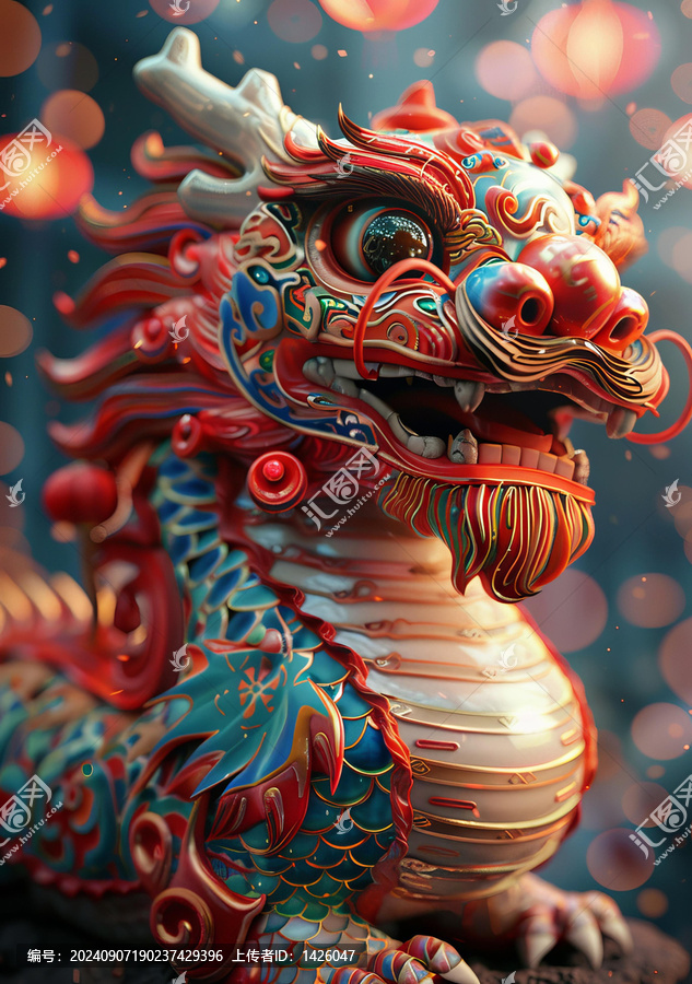 紅藍(lán)相間的龍帶有白色和黃色的細(xì)節(jié)
