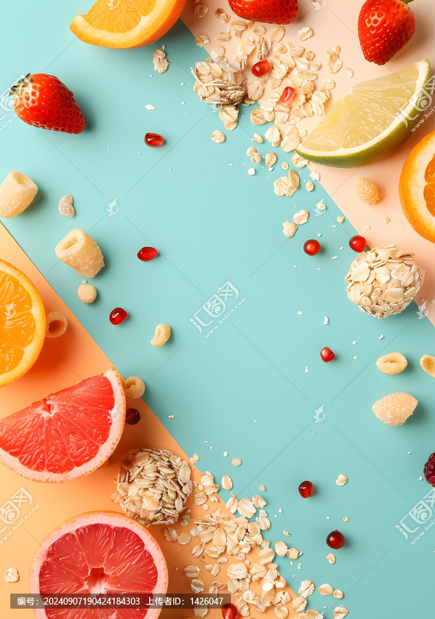 橙子葡萄柚燕麥片石榴,健康食物背景