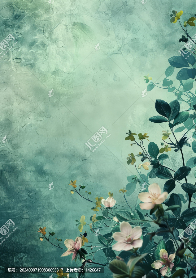淡雅的花朵和綠葉在藍色的背景上