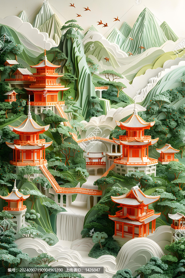 寧靜的山間寺院紙藝