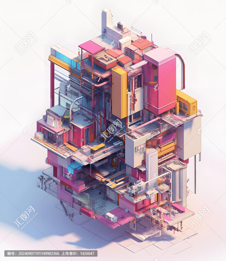抽象建筑，3D渲染，彩色建筑設(shè)計(jì)，幾何形狀，現(xiàn)代藝術(shù)