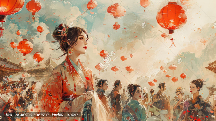 中國新年慶典，紅燈籠與傳統(tǒng)服裝的女性