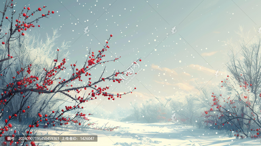 雪地里結(jié)滿紅漿果的樹枝和遠(yuǎn)處的雪林