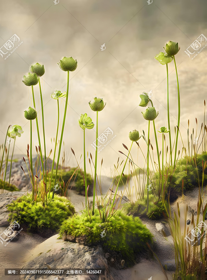 沙地上綠色的花朵和青苔