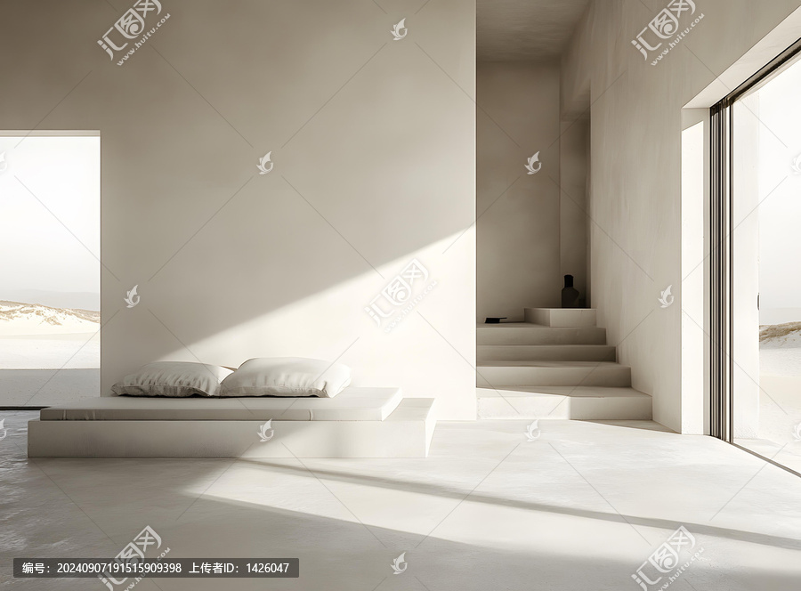 極簡主義臥室內部設計，白色墻壁和沙漠景觀