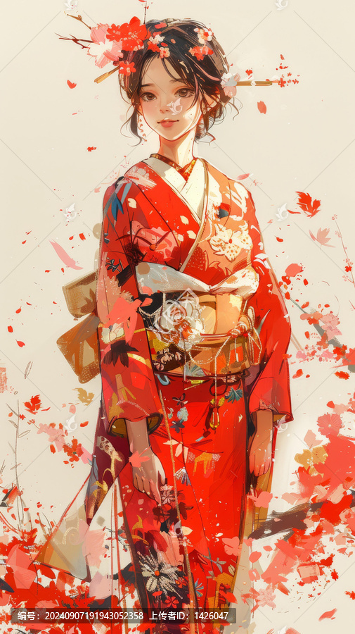 身穿紅色和服的藝伎